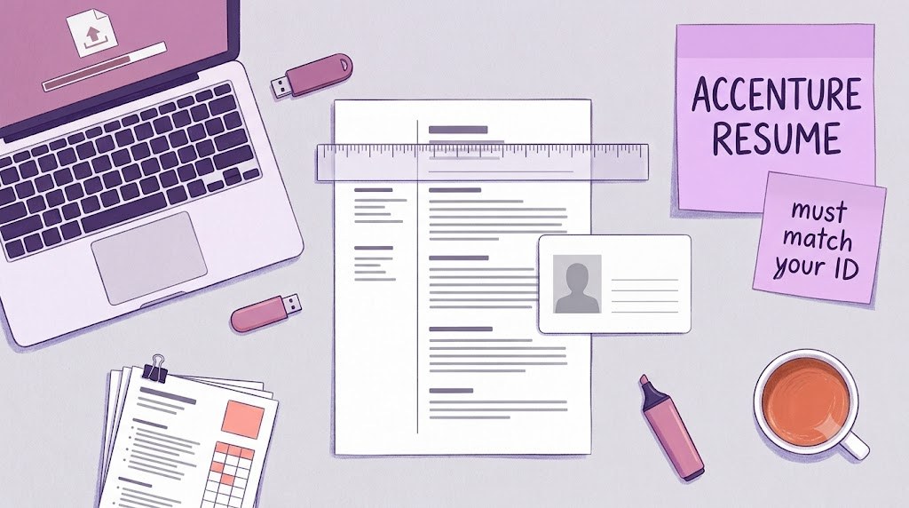 A one-page resume beside a PAN-style ID card with no real details, a ruler lining up the name on both, and a laptop upload screen