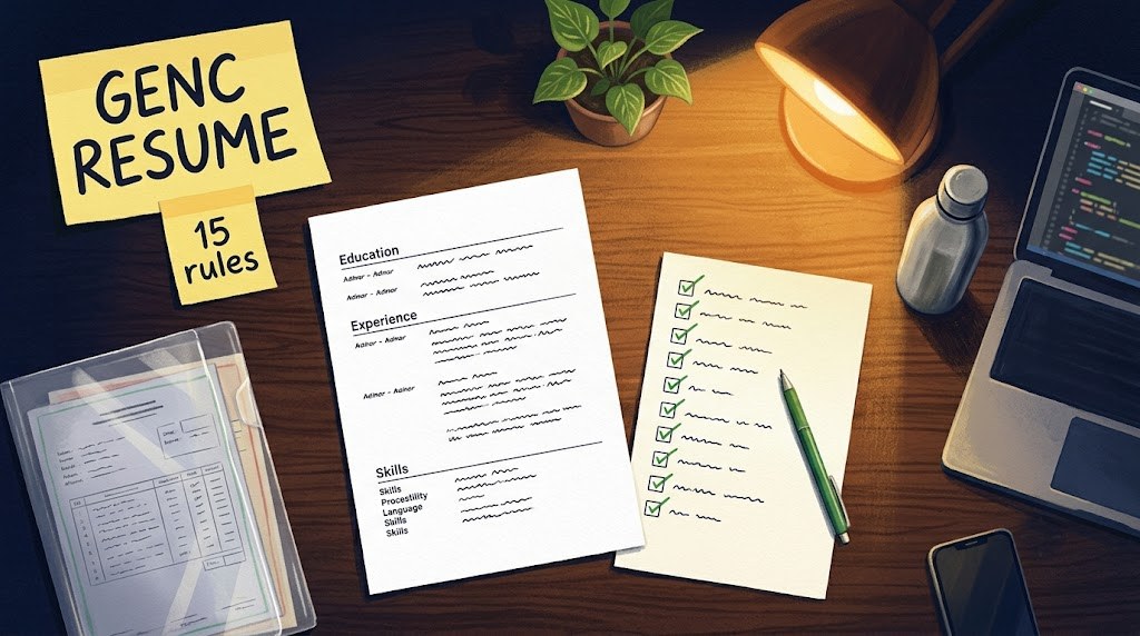 A one-page fresher resume on a desk next to a printed checklist with fifteen tick boxes, most of them ticked in green ink