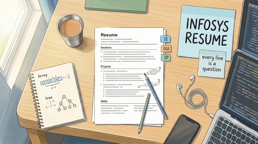 A fresher’s one-page resume on a desk with three coloured tabs marking Systems Engineer, DSE and Specialist Programmer, and pencilled interview notes beside the projects