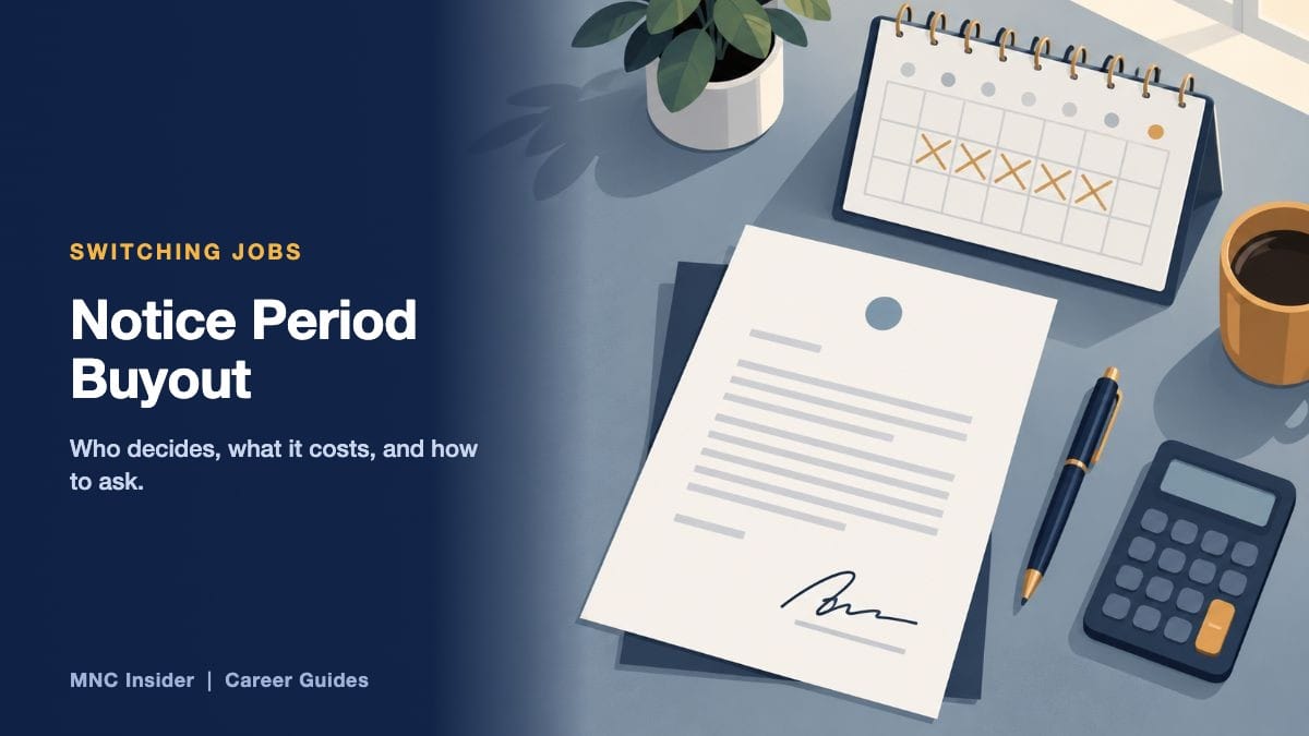 Title card reading Notice Period Buyout in India beside a resignation letter, a calendar with a block of days crossed out, a pen and a small calculator