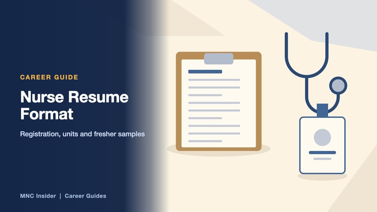 Title card reading Nurse Resume Format for India beside a clipboard with a resume, a stethoscope and a hospital ID badge on a clean desk