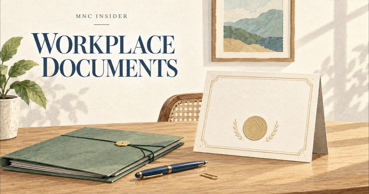 Illustrated workplace certificate, folder and pen.