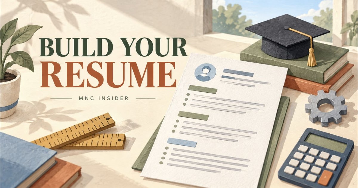 Illustrated resume with a graduation cap, ruler, gear and calculator.