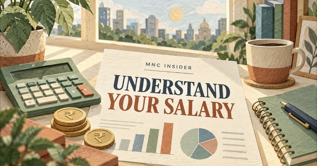 Illustrated salary sheet, calculator and rupee coins.