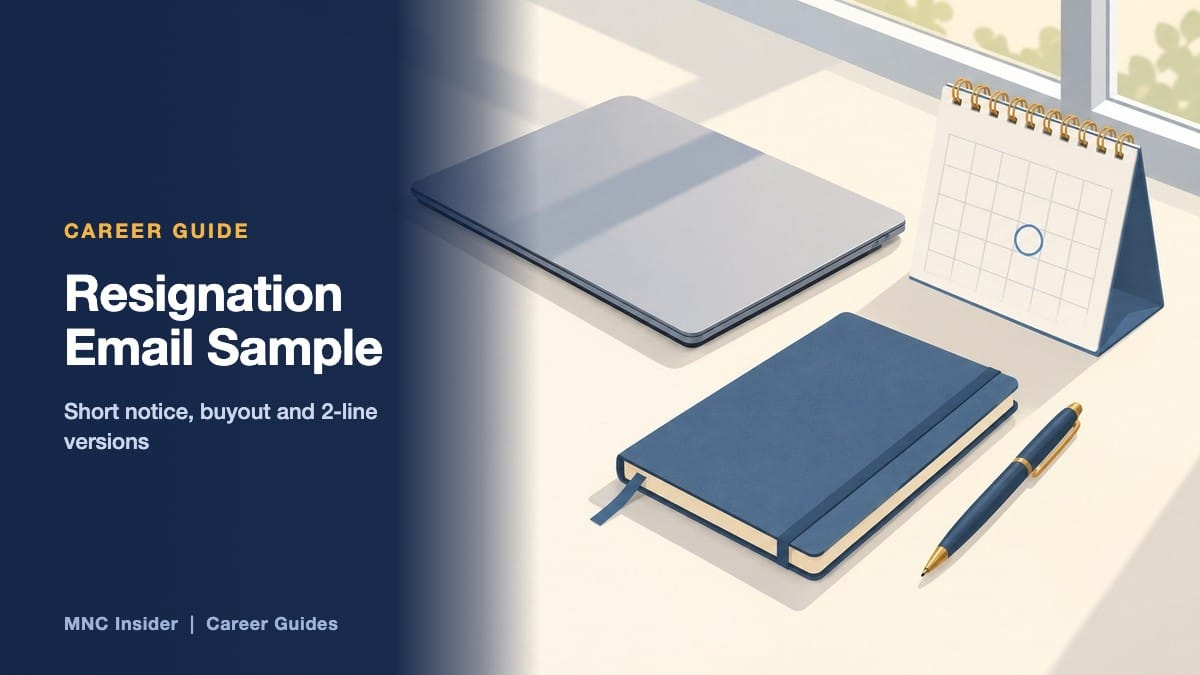 Title card reading Resignation Email Sample for India beside a closed laptop, a navy notebook, a pen and a desk calendar with one date circled