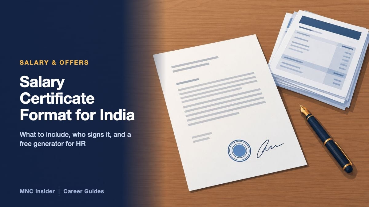 Title card reading Salary Certificate Format for India beside a signed employer letter with a round company seal, a pen and a stack of payslips