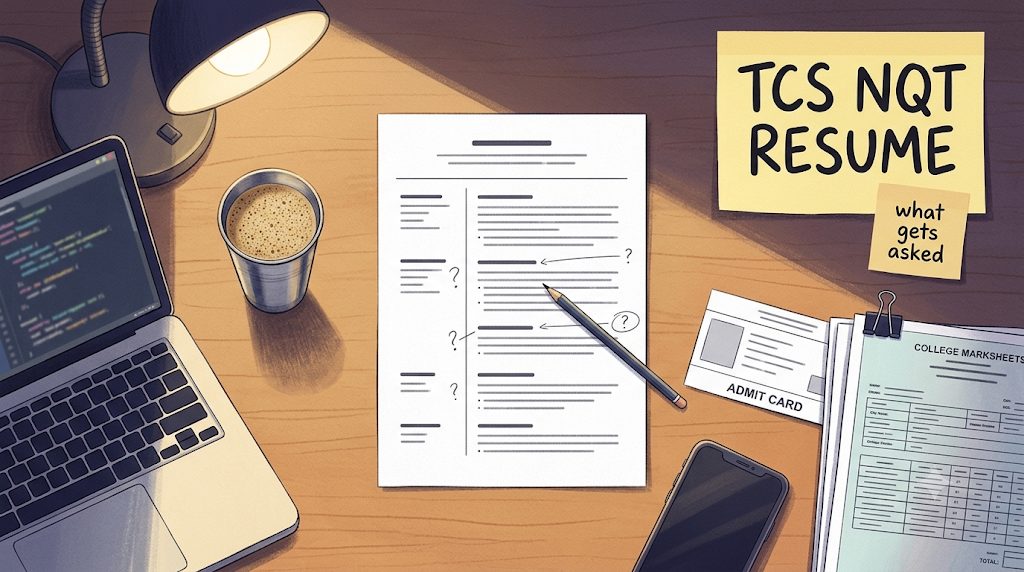 A fresher’s one-page resume on a desk beside an NQT admit card, with interview notes pencilled against each project line