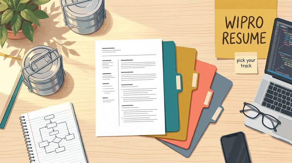 A one-page resume on a desk with four coloured folders fanned beside it, each tabbed with a different hiring programme name